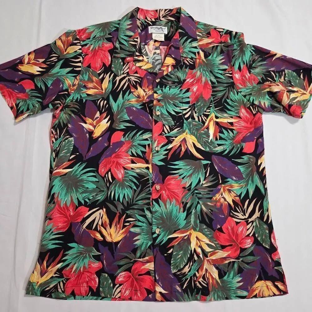TORI RICHARD VINTAGE HAWAIIAN CAMP SHIRT MENS SIZE LARGE BLACK BIRD OF PARADISE